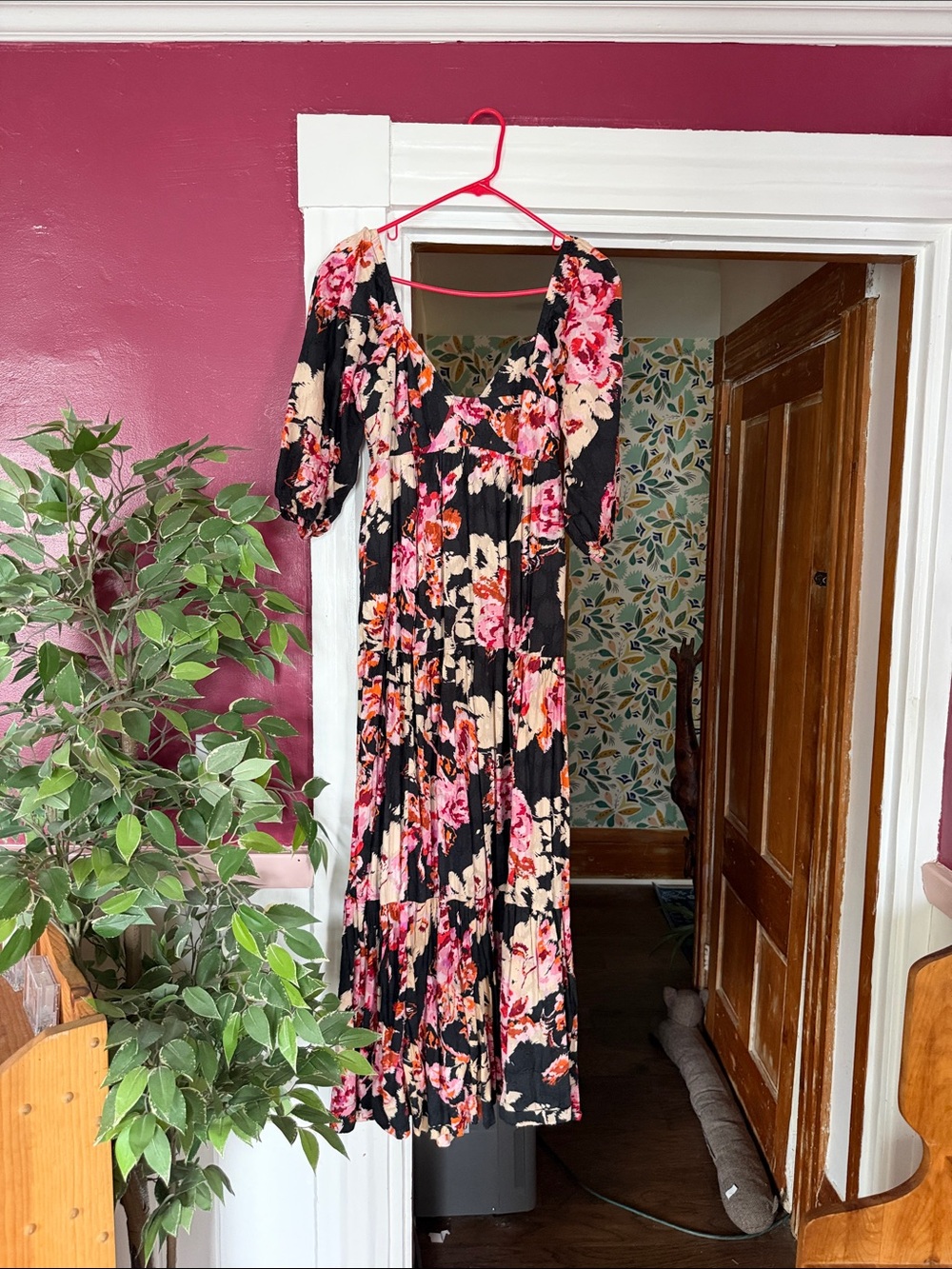 Anthropologie Black Maxi Dress with Pink & Cream Floral Print